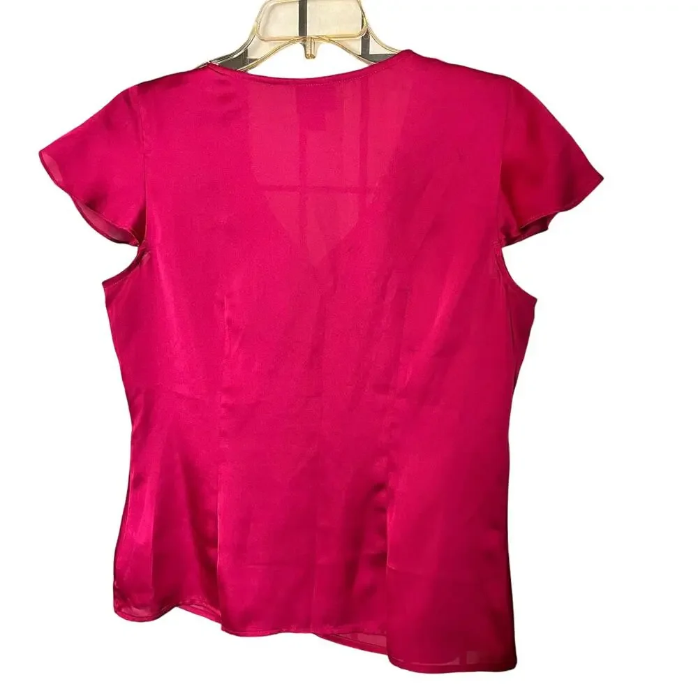 Worthington Pink Button Front Blouse Cap Sleeve Bow Petite Large - Picture 2 of 10
